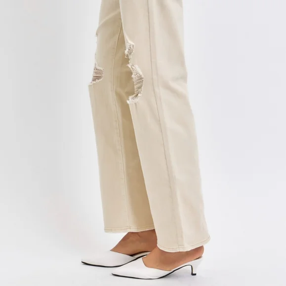 High Rise Mom Jeans Distressed Torn Knee Wide Leg Cream Denim Pants Judy Blue - Picture 3 of 14